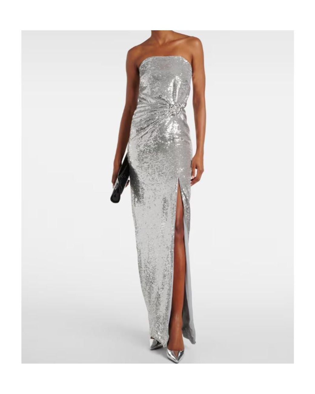 Roland Mouret Gray Buckle-Detail Sequined Strapless Gown