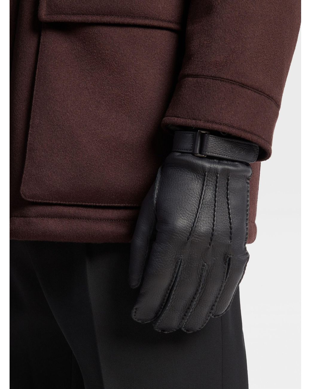 Zegna Black Logo-Embossed Leather Gloves for men