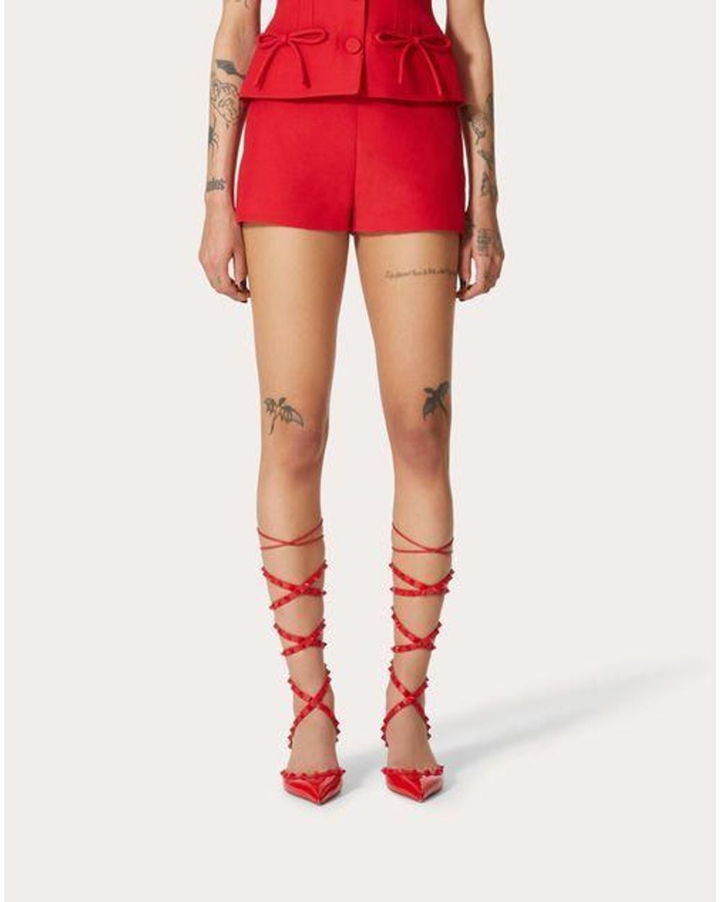 Valentino Red Crepe Couture Logo Plaque Shorts