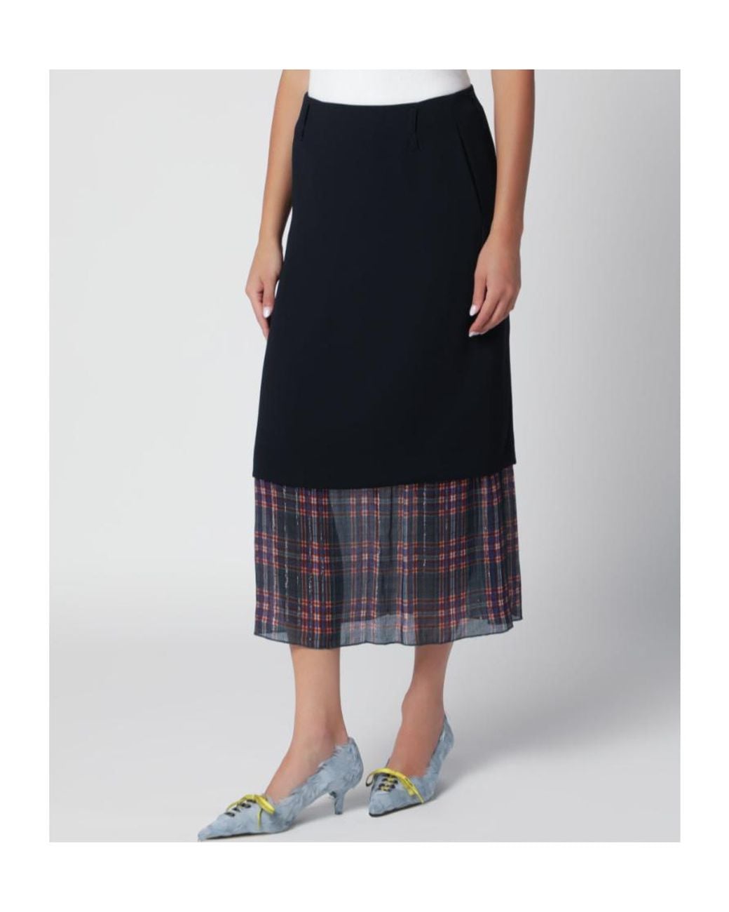 Dries Van Noten Blue Midi Skirt With Check Insert