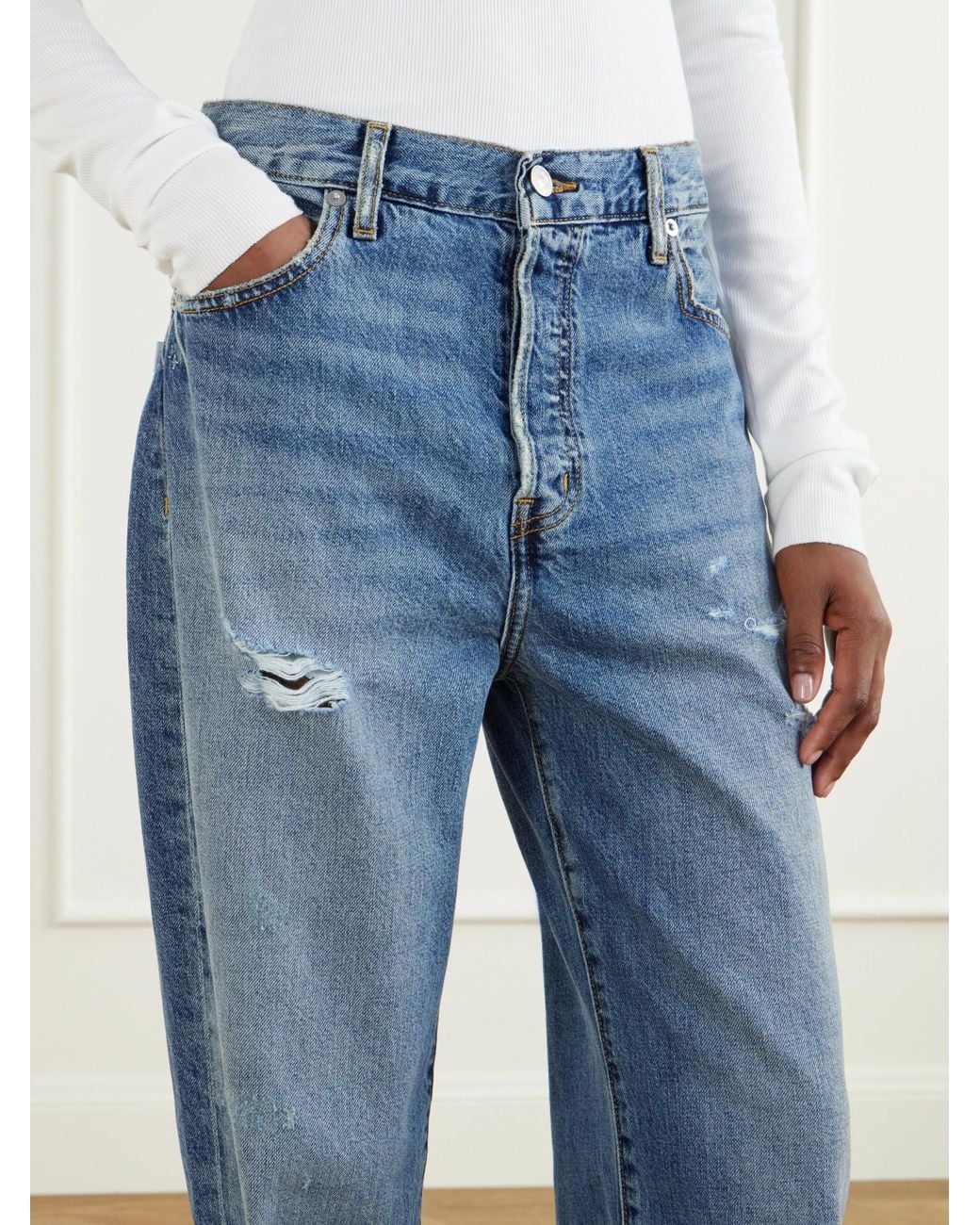 ÉTERNE Blue Saint Boyfriend Distressed Mid-Rise Straight-Leg Jeans