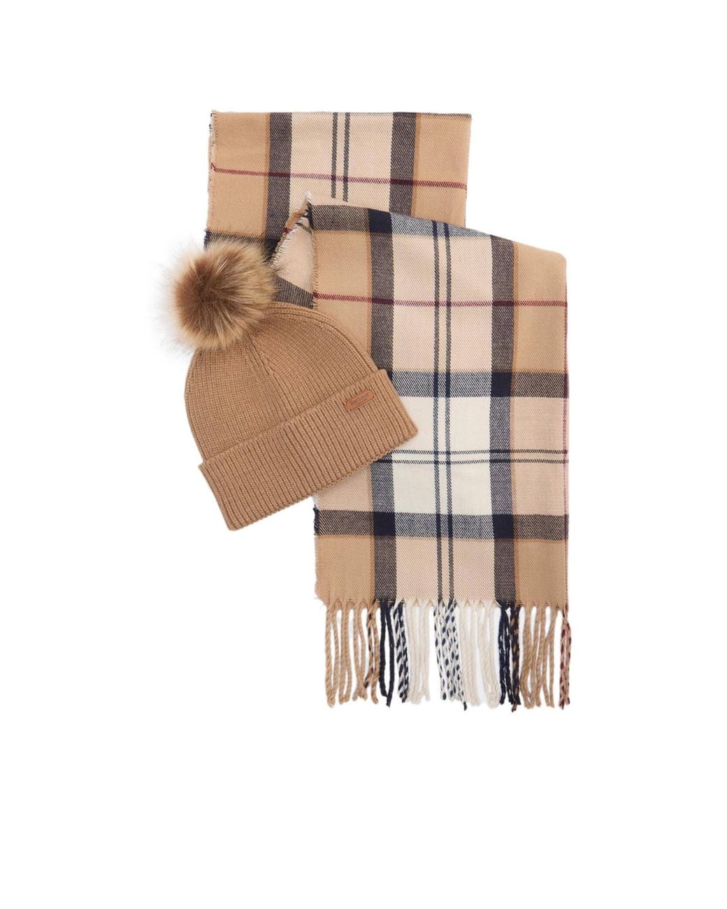 Barbour White Tartan Scarf Knitted Beanie Set for men