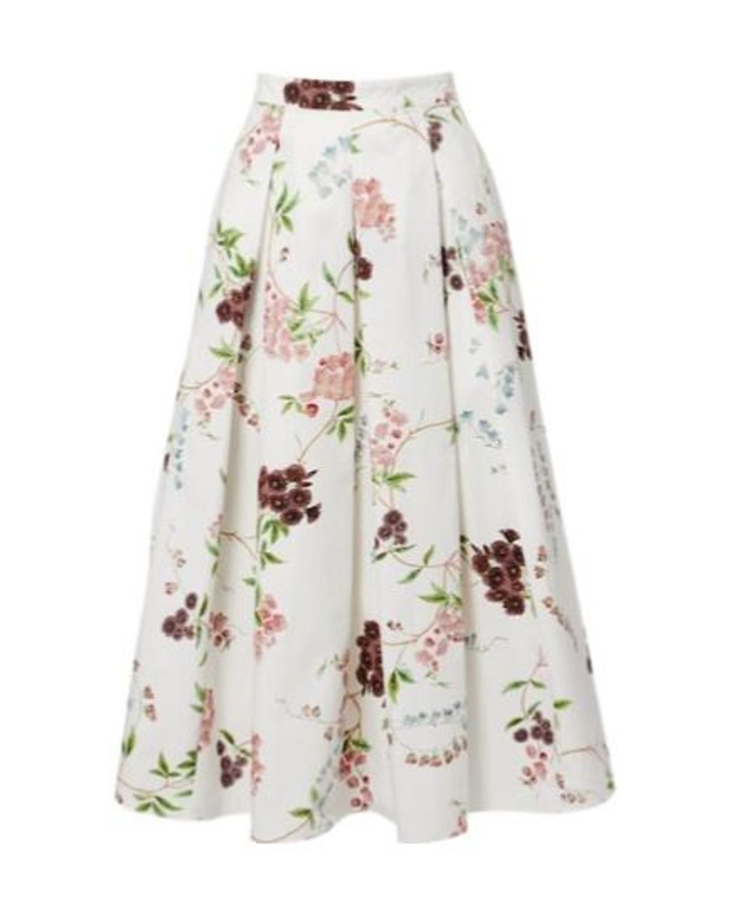 Erdem White Floral Pleated Cotton Poplin Midi Skirt