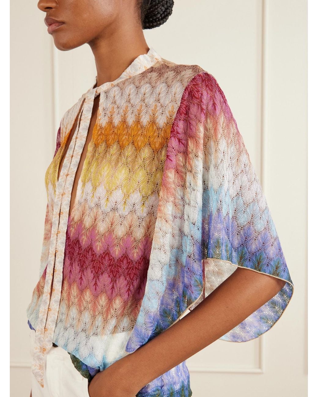 Missoni Gray Tie-Detailed Striped Crochet-Knit Blouse
