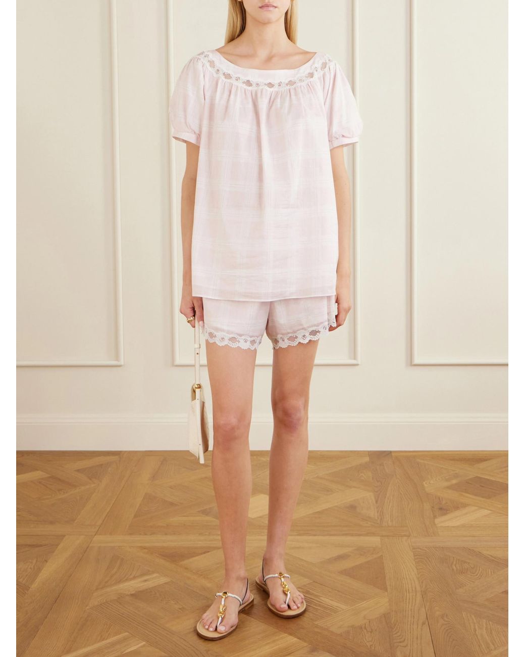 Posse White Marilyn Lace-Trimmed Checked Cotton Shorts
