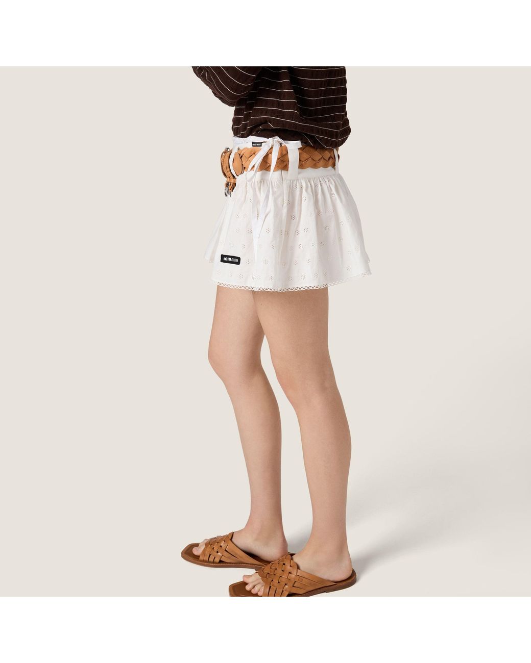 Miu Miu White Slubbed Poplin And Eyelet Lace Miniskirt