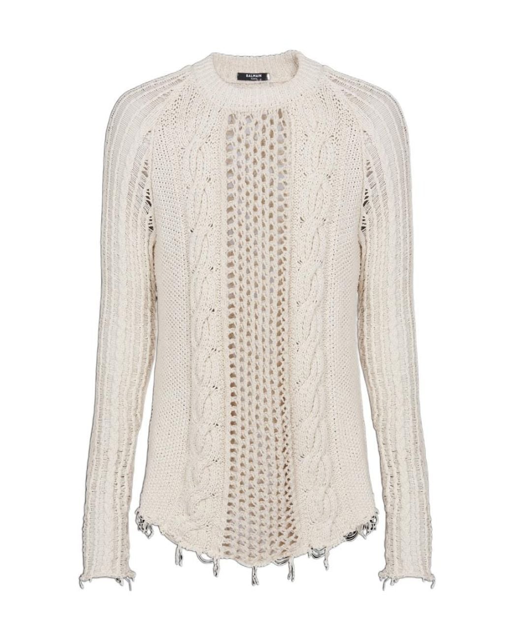 Balmain White Distressed Cable-Knit Jumper for men