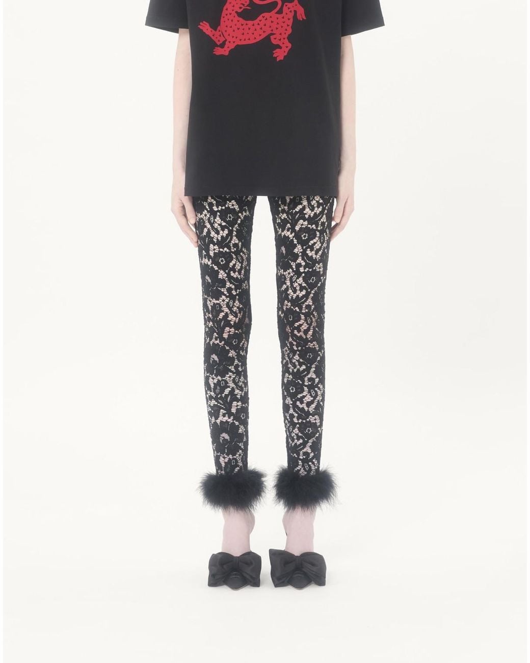 Valentino Black Lace Leggings With Feathers