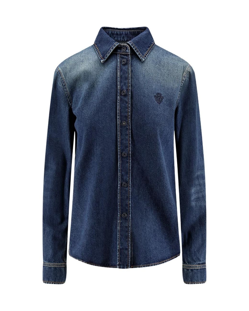 Gucci Blue Embroidery Long-Sleeve Denim Shirt