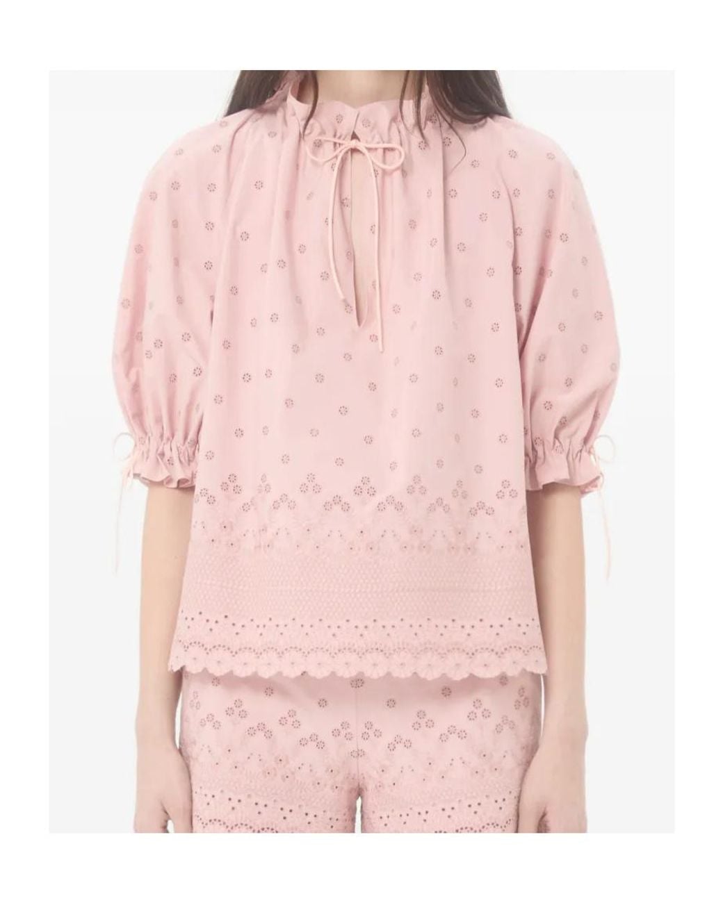 Valentino Pink Drawstring Ruffled Puff-Sleeved Blouse