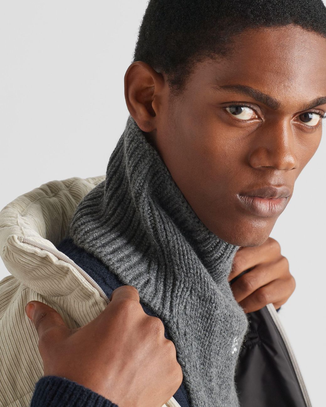 Prada Gray Logo-Embroidered Knitted Neck Warmer for men