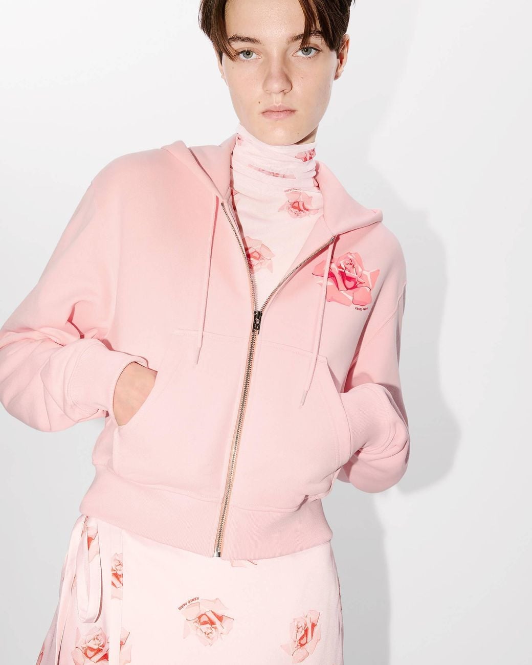 KENZO Pink Rose Printed Zipped Hoodie for men