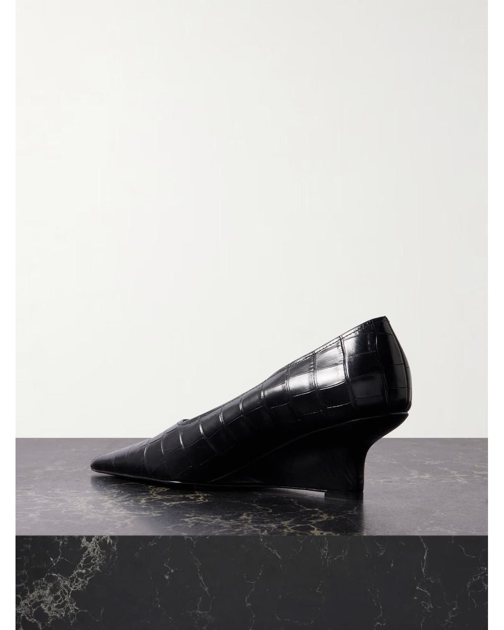 Totême Black Totême Pointed-Toe Embossed Wedge Pumps
