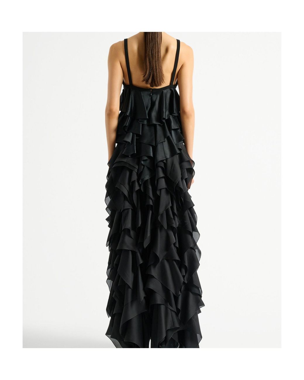 Balmain Black Silk Satin Ruffled Top