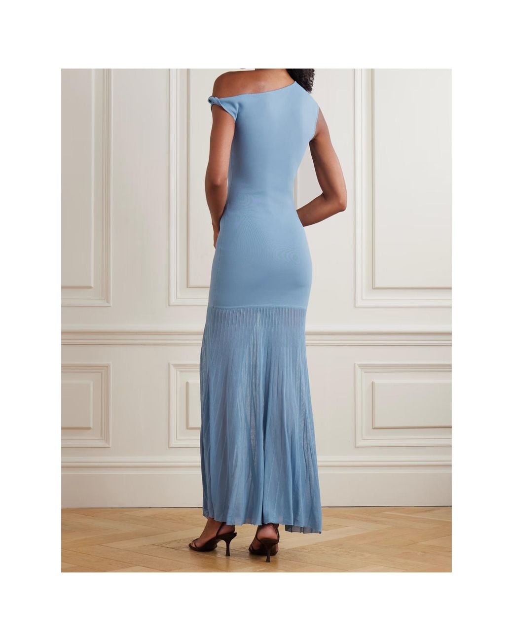 Sir Blue Twist Off-The-Shoulder Pleated Knitted Maxi Dress