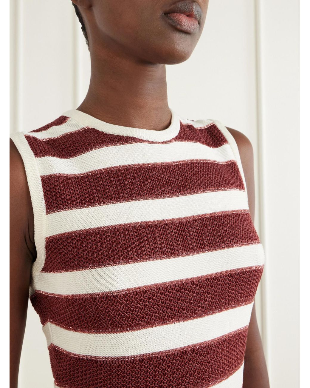 Eres Red Régulière Striped Metallic Cotton-Blend Midi Dress