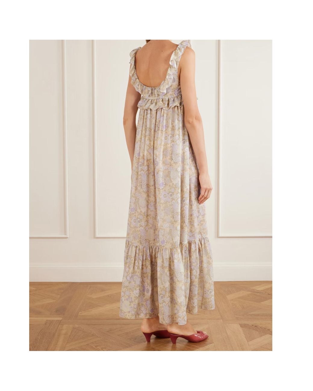 Chloé Natural Ruffled Floral-Print Silk-Charmeuse Wide-Leg Pants
