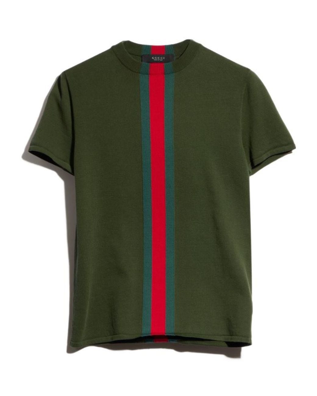 Gucci Green Knit Cotton T-Shirt With Web Intarsia for men