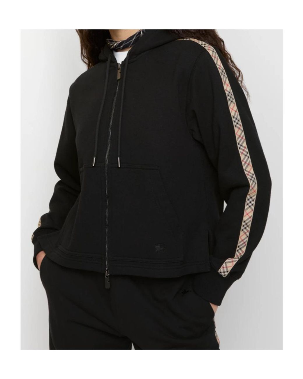 Burberry Black Check Trim Zip-Up Hoodie