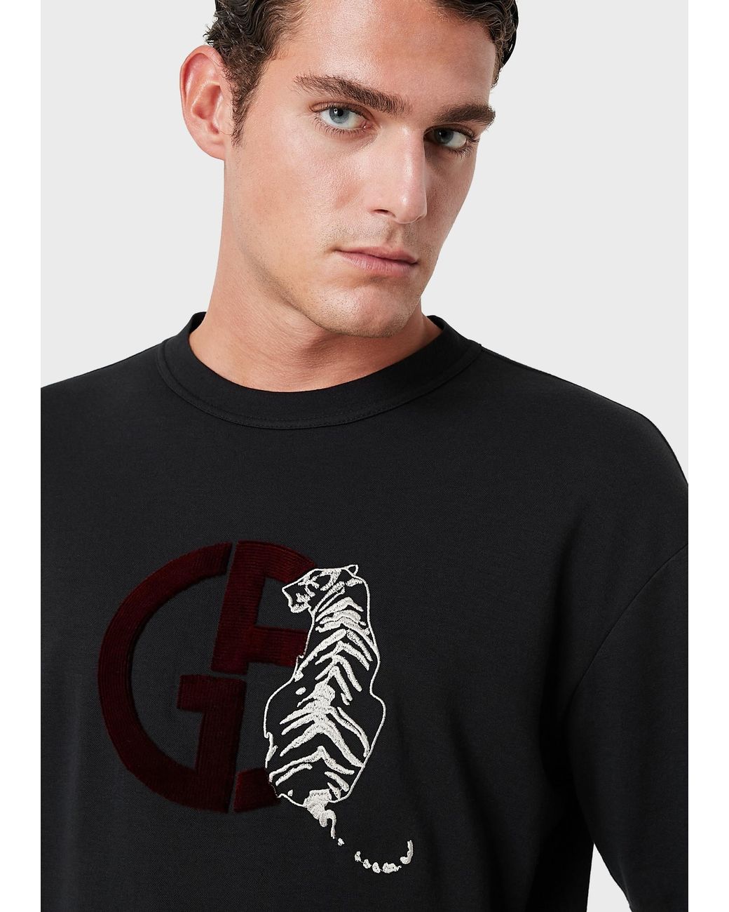 Giorgio Armani Black Embroidered Tiger Logo T-Shirt for men
