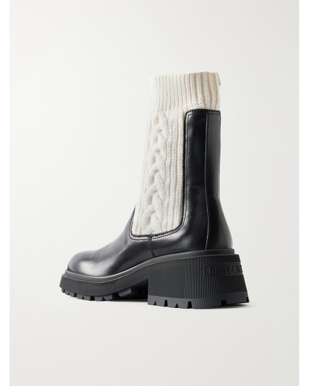 Jimmy Choo Black Tamia Ribbed Cable-Knit-Trimmed Leather Ankle Boots