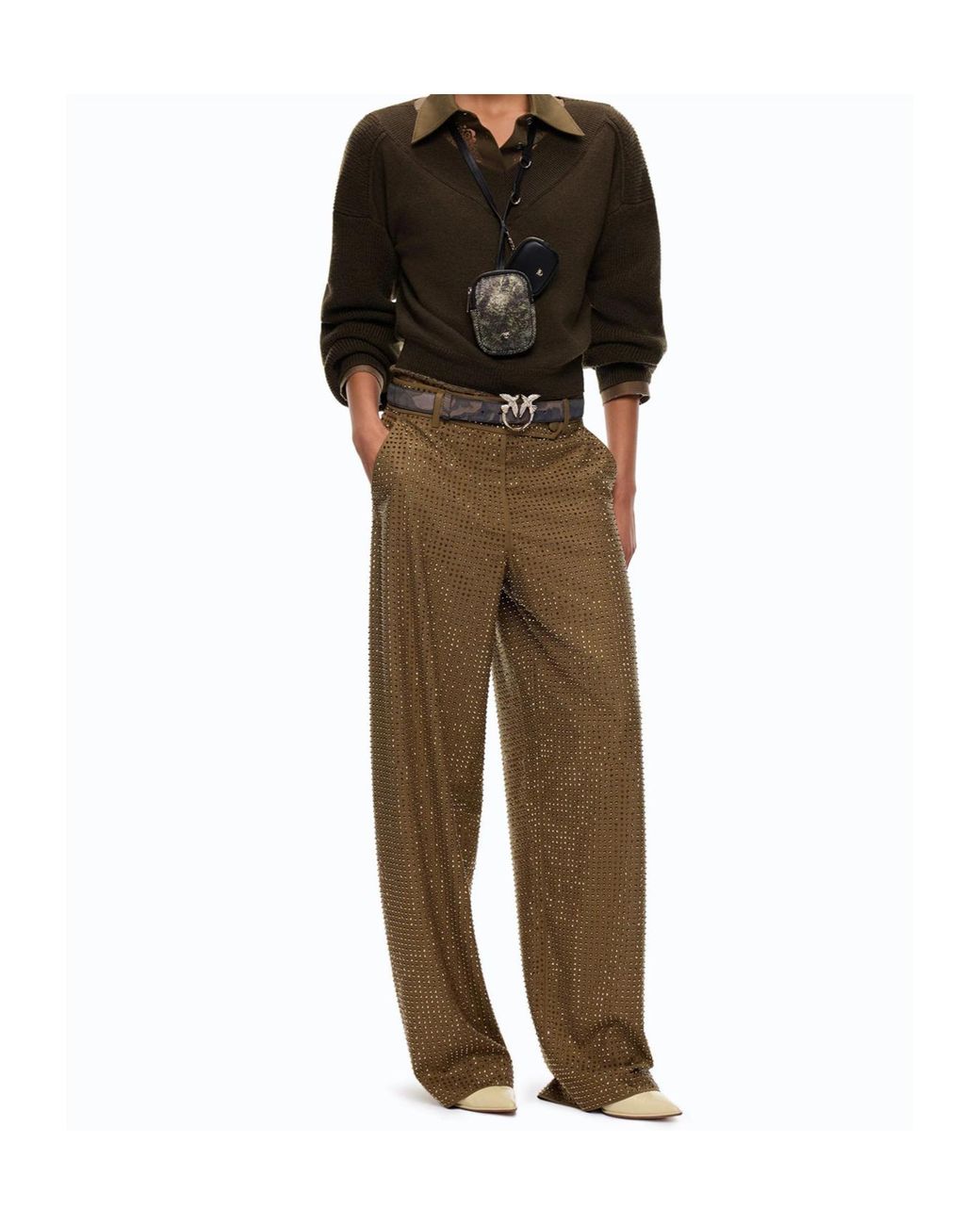 Pinko Natural Rhinestone-Embellished Tailored Trousers
