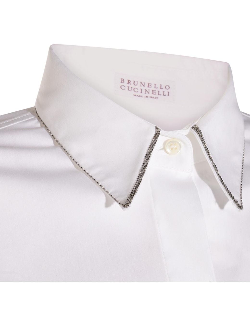Brunello Cucinelli White Shirt With Pointed Collar And Monil Detail On The Collar