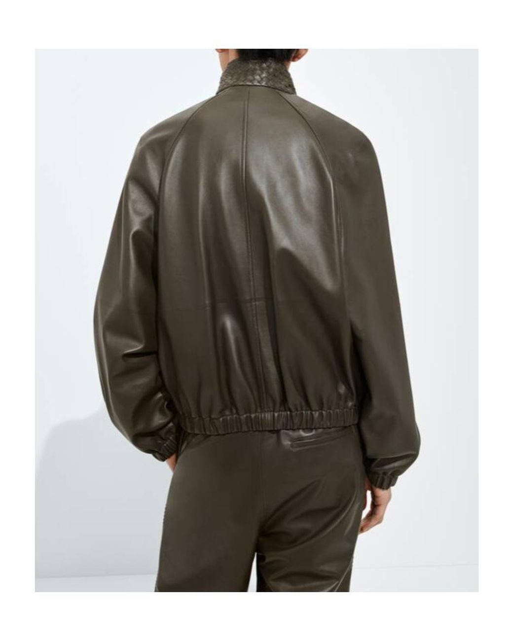 Bottega Veneta Brown Intrecciato Collar Leather Jacket for men