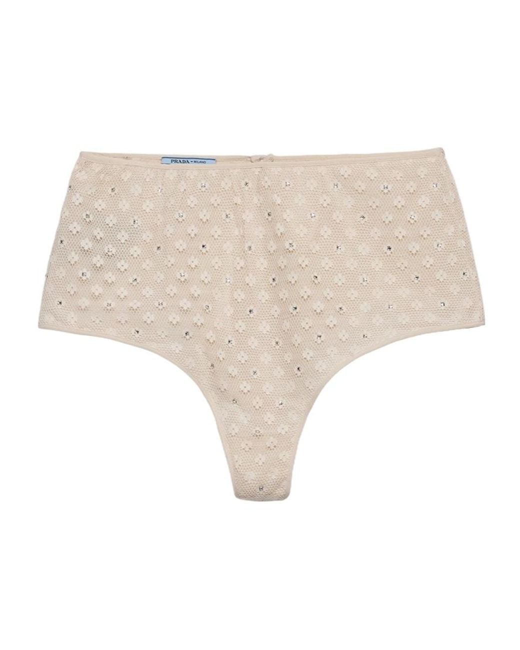 Prada Natural Lace-Trimmed Briefs With Rhinestones