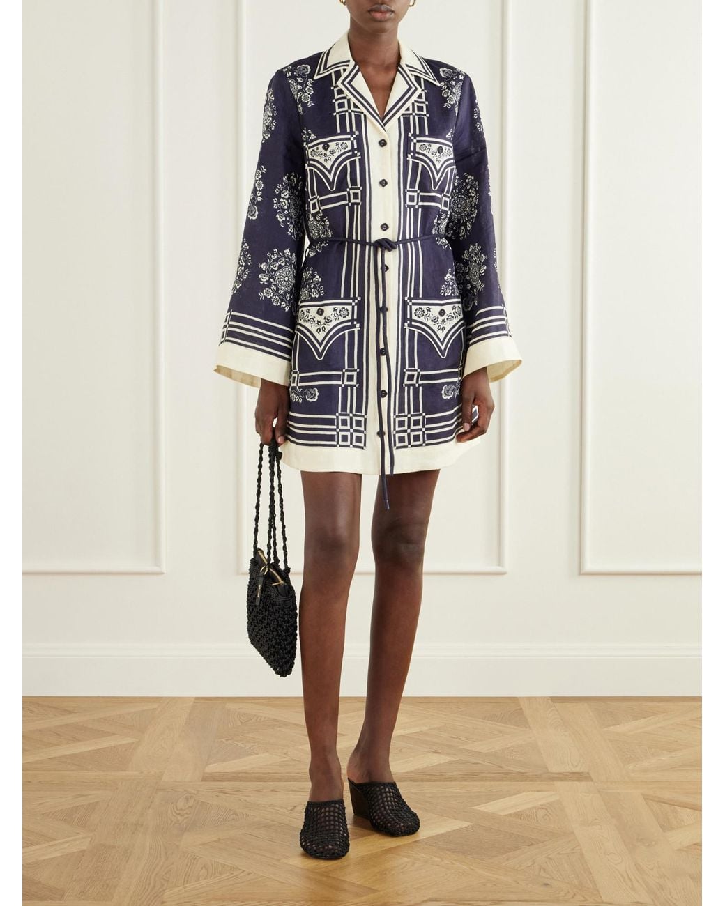 ALÉMAIS Blue Belted Printed Linen Mini Dress