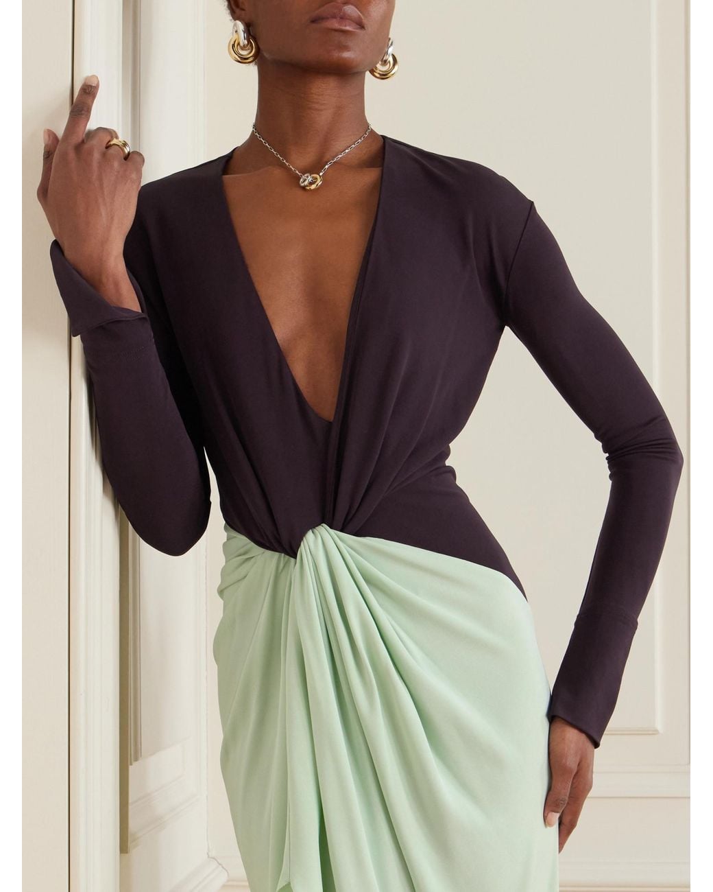 Victoria Beckham Green Long Sleeve Knot Detail Jersey Gown