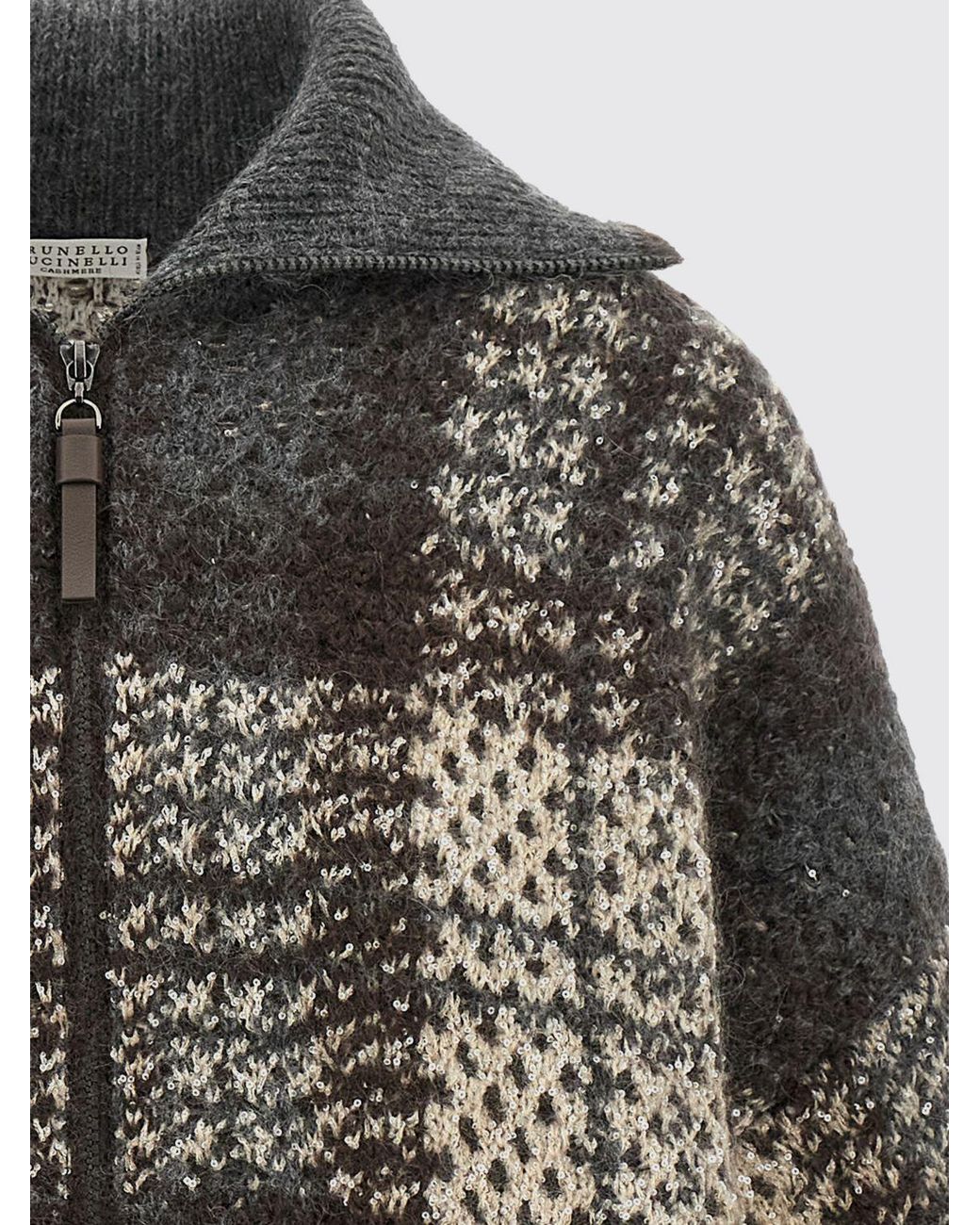 Brunello Cucinelli Gray Embroidered Zip Cardigan