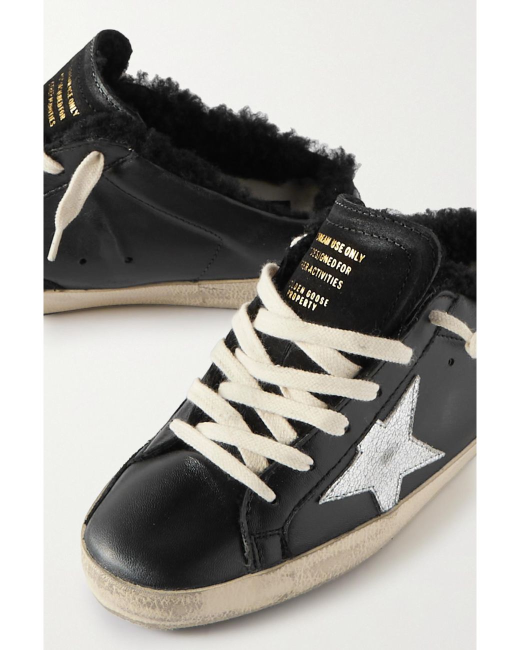 Golden Goose Deluxe Brand Black Super-Star Sabot Distressed Shearling-Lined Leather Slip-On Sneakers
