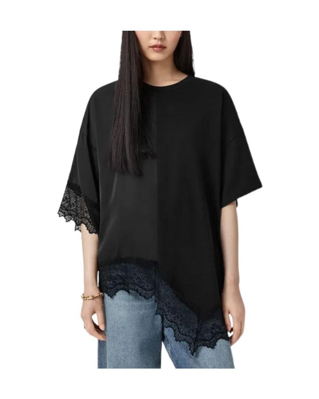 AllSaints Black Lenny Lace-Trim Asymmetric T-Shirt