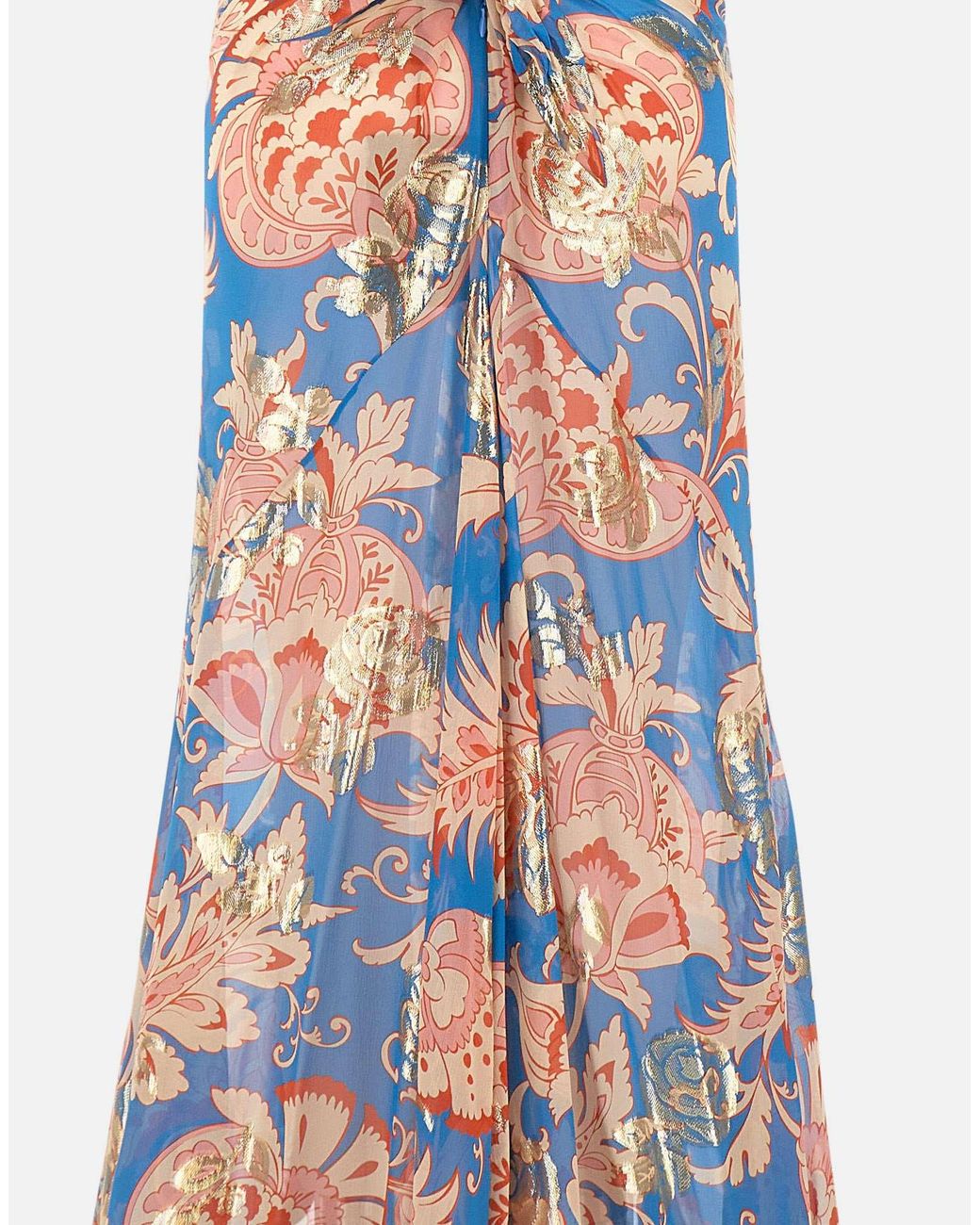 Etro Blue Long Printed Silk Skirt With Laminated Details