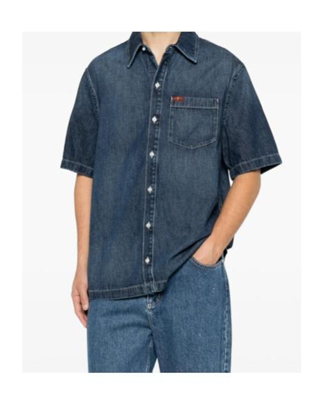 7 For All Mankind Blue Short-Sleeve Chest-Pocket Shirt for men