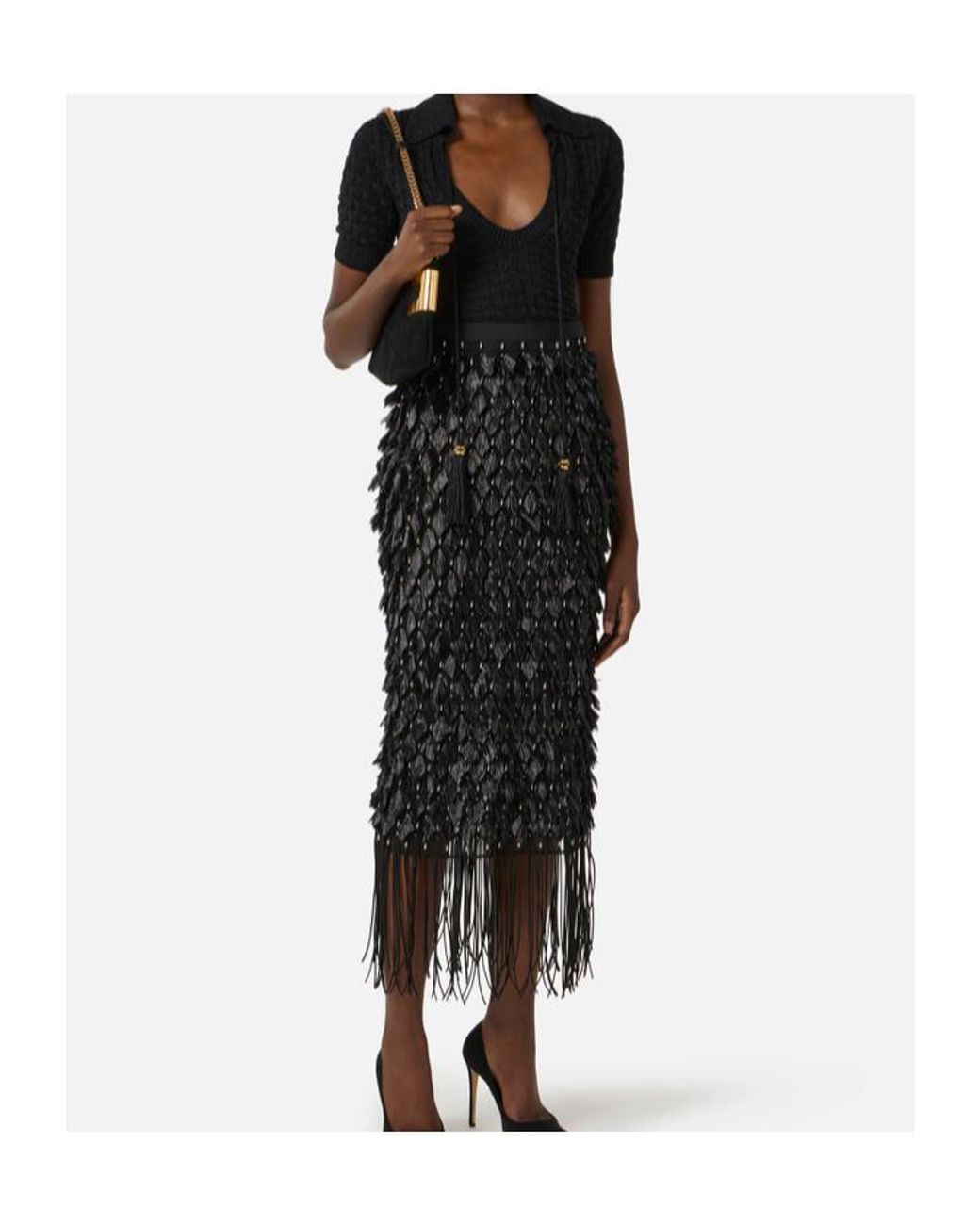 Elisabetta Franchi Black Basket-Stitch Tassel Knit Top