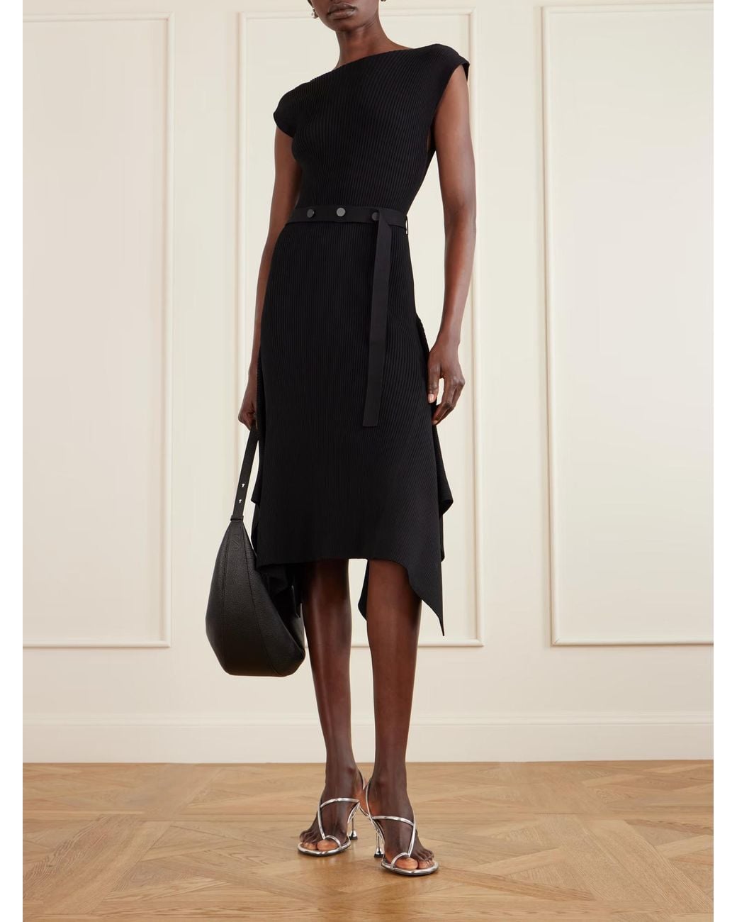 Proenza Schouler Black Artemis Belted Ribbed-Knit Midi Dress