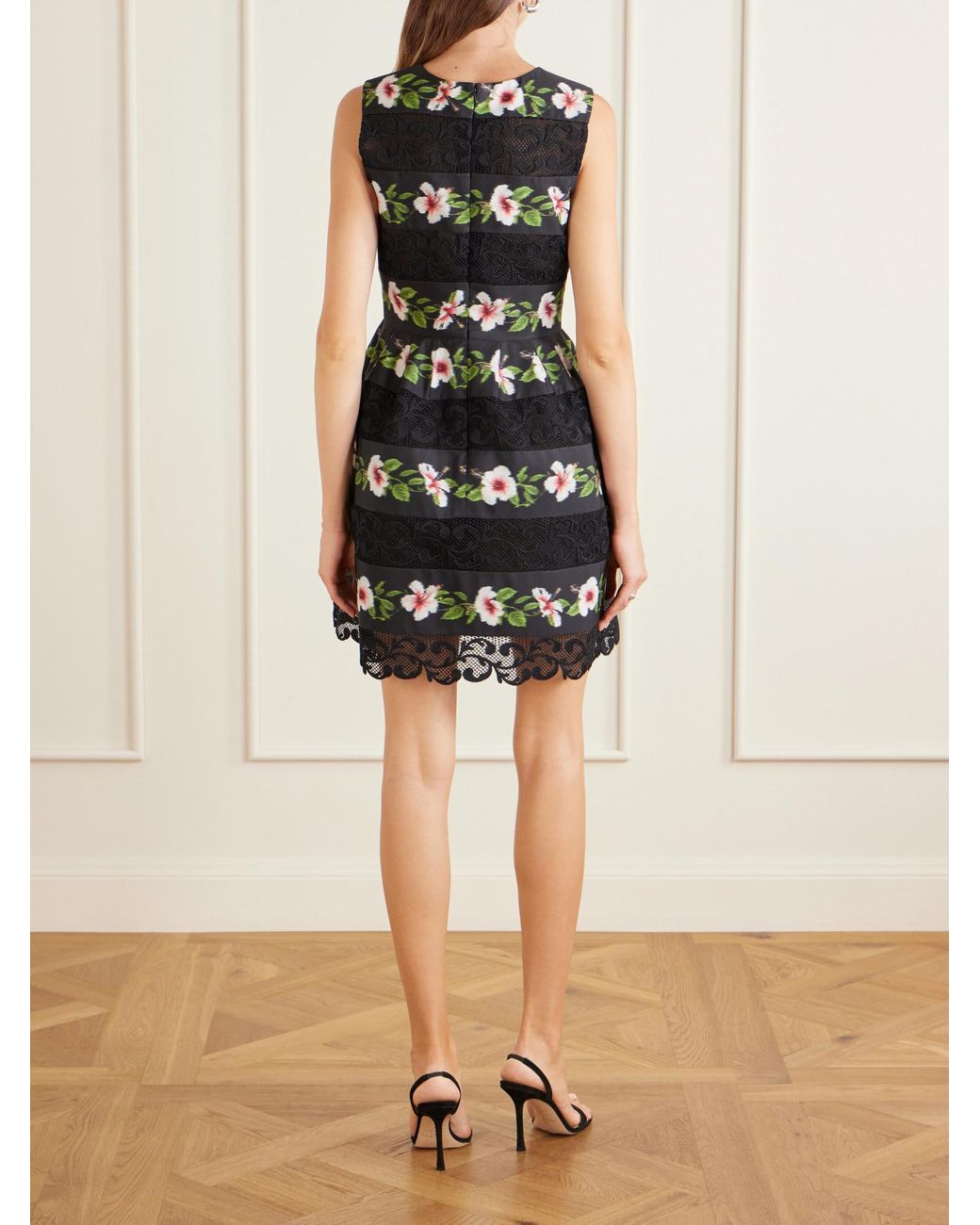 Oscar de la Renta Black Floral-Print Lace-Trimmed Crepe De Chine Mini Dress
