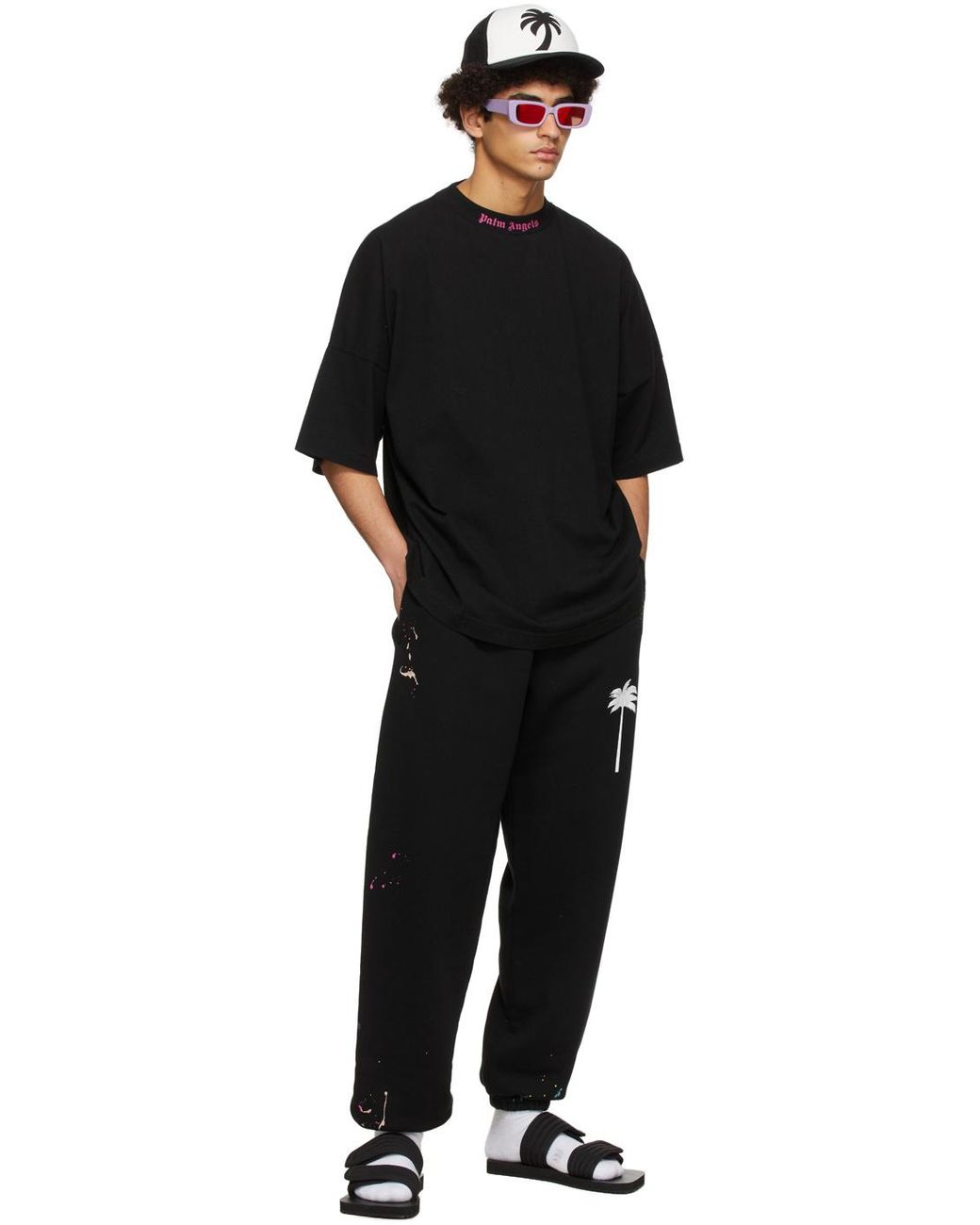 Palm Angels Black Painted Logo Print Track Trousers for men
