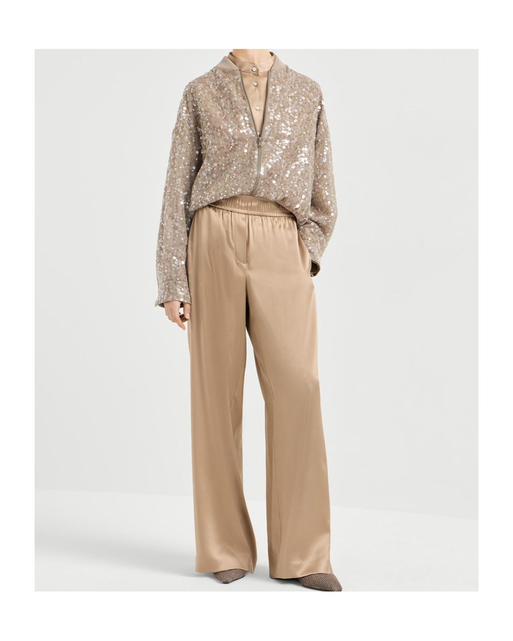 Brunello Cucinelli Brown Sequin-Embroidery Bomber Jacket