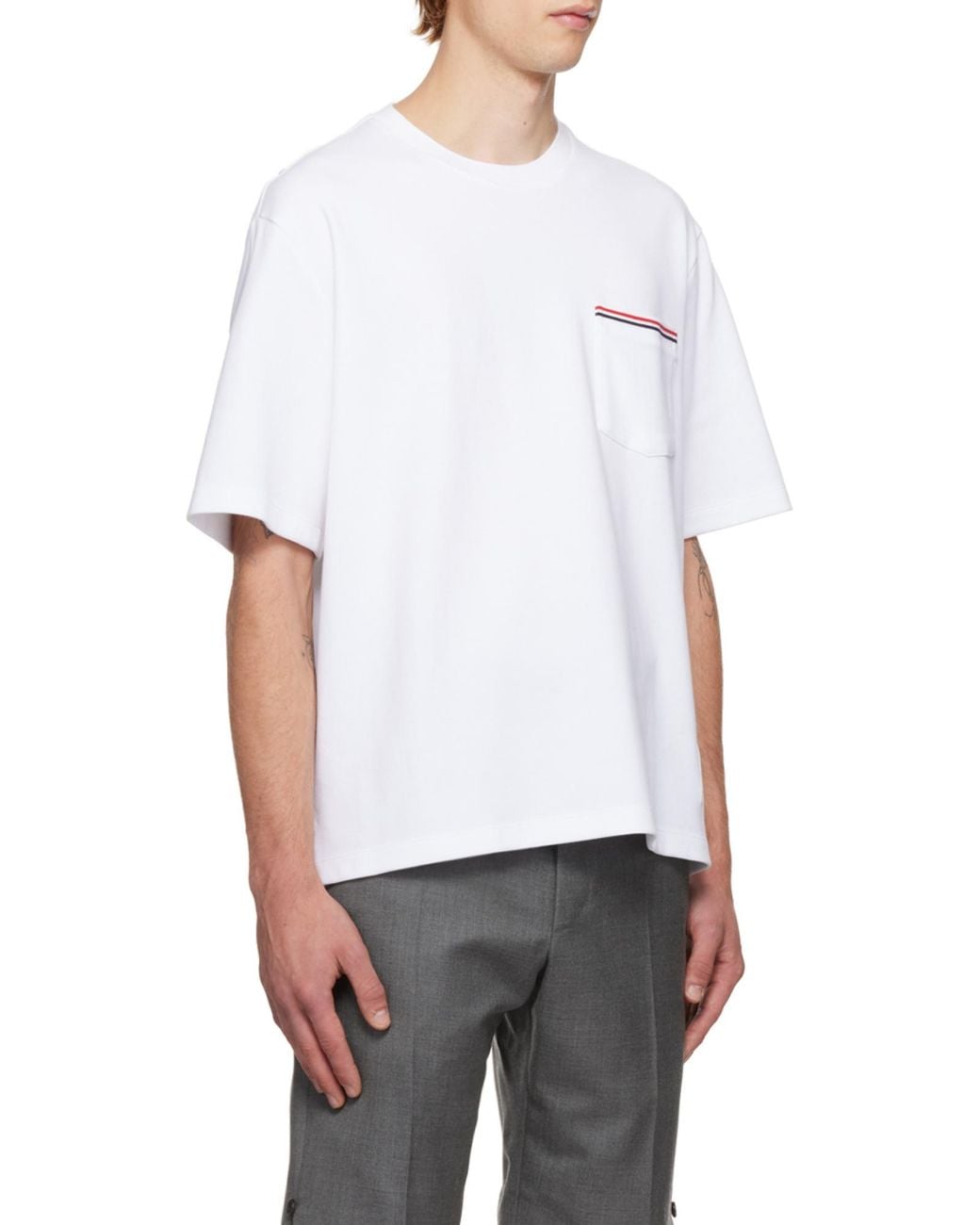 Thom Browne White Striped Trim Pocket T-Shirt for men