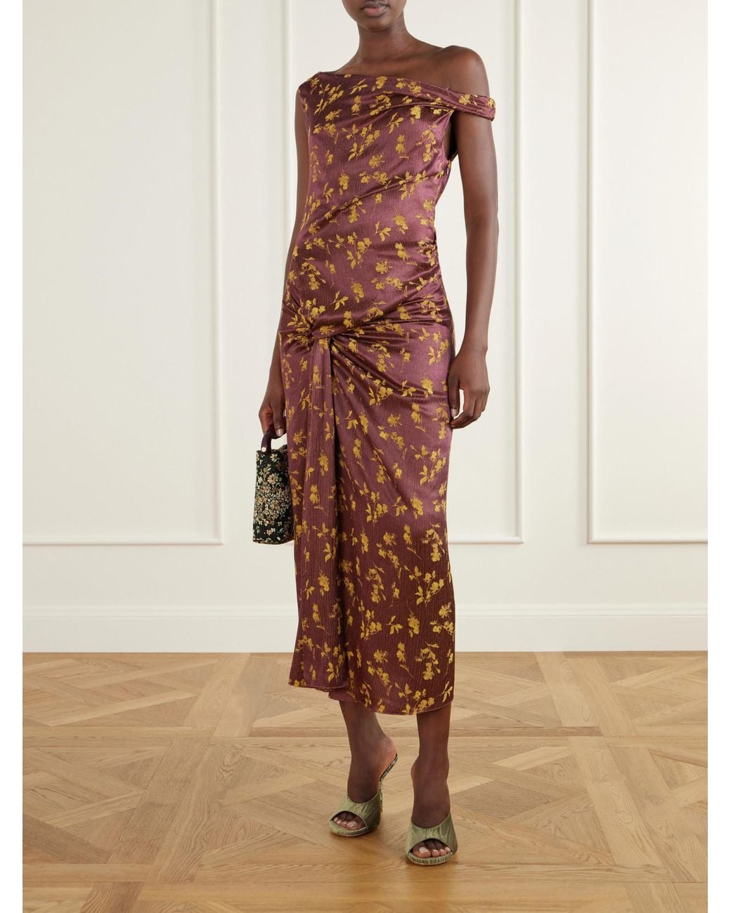 Dries Van Noten Brown Floral-Jacquard Knot-Detail Satin Midi Dress