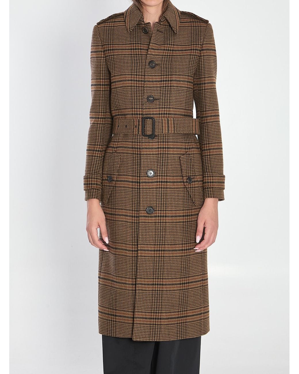 Saint Laurent Natural Prince Of Wales Belted Long Coat