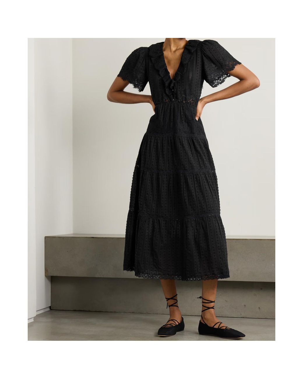 Doen Black Gabriella Ruffled Tiered Lace-Trimmed Point D'Esprit Cotton Dress