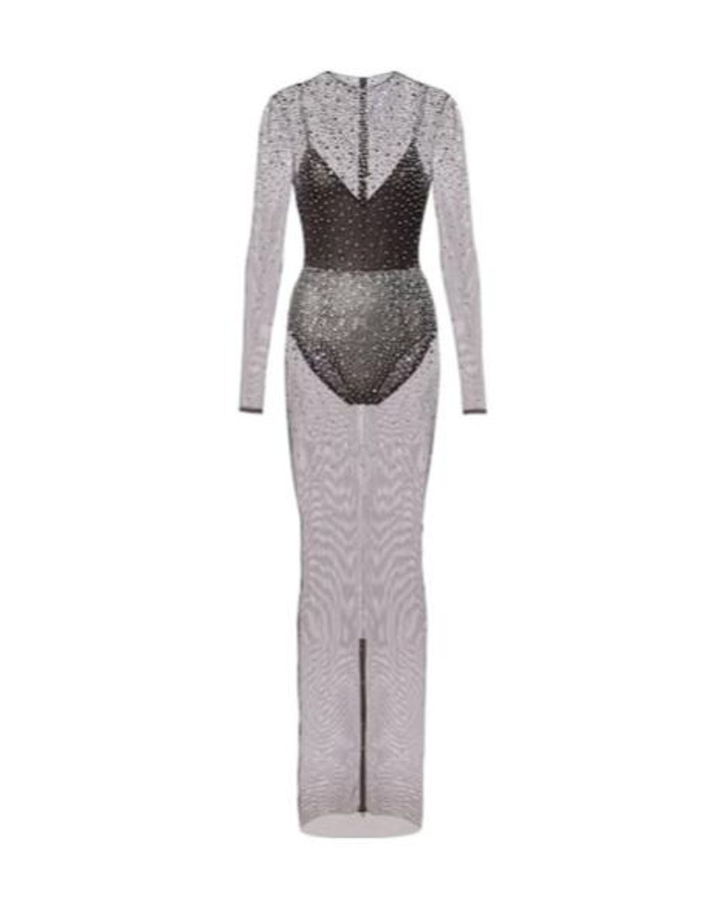Alex Perry Gray Crystal-Embellished Mesh Maxi Dress
