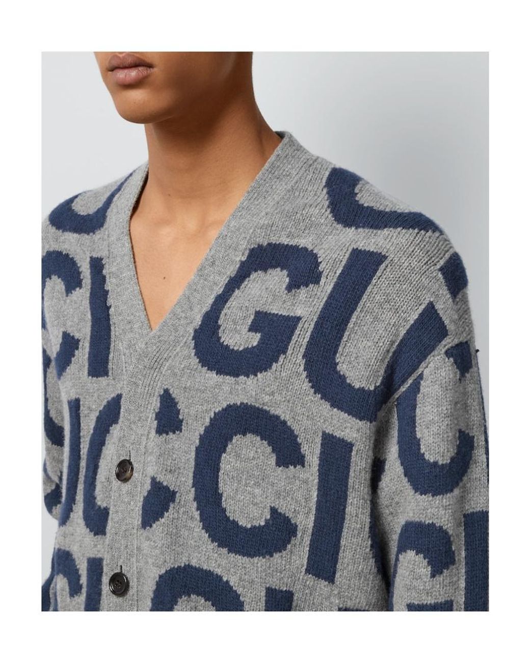 Gucci Blue Wool Cardigan With Intarsia for men