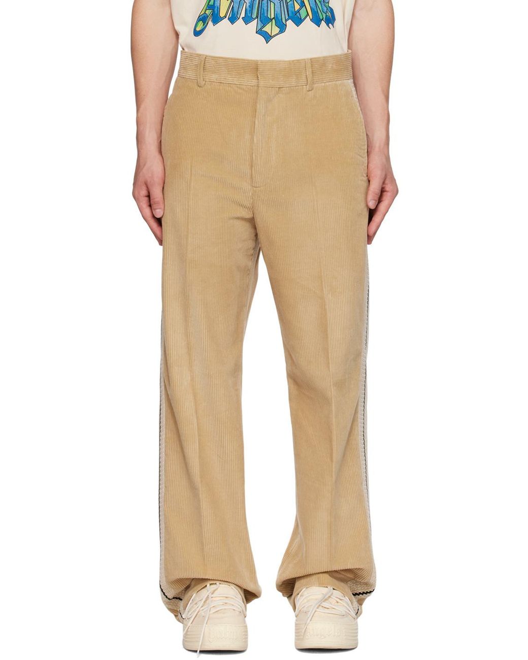 Palm Angels Natural Side Stripe Detailed Corduroy Pants for men