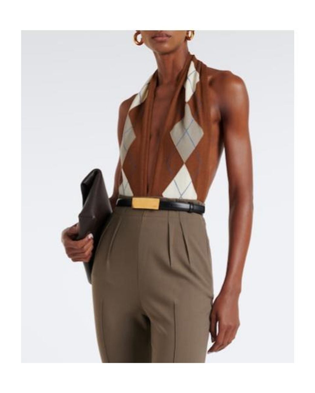 Mugler Brown Argyle Virgin Wool Bodysuit