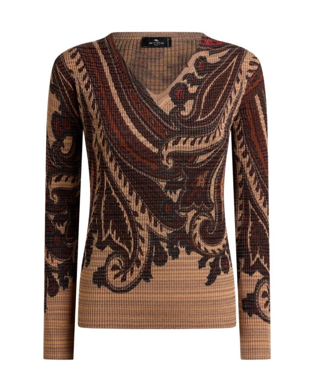 Etro Brown Paisley-Print V-Neck Sweater